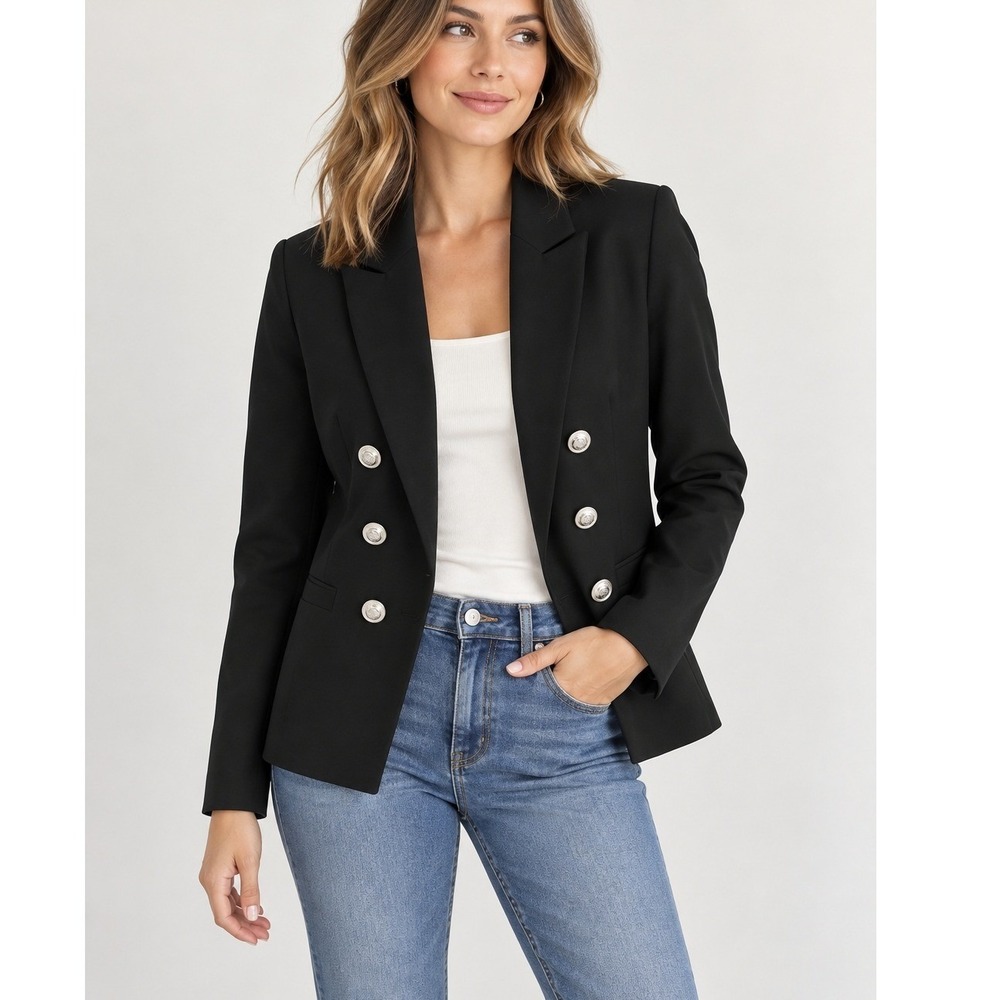Nicole Miller Womens Black Open Front Lined Crested Button Blacker Small